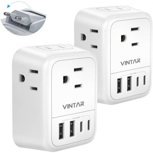 [2-Pack] European Travel Plug Adapter, VINTAR Foldable International Travel Adapter with 4 Outlets 4 USB Ports(2 USB C), 8 in 1 Type C Travel Essentials Charger for US to Most of Europe Spain France