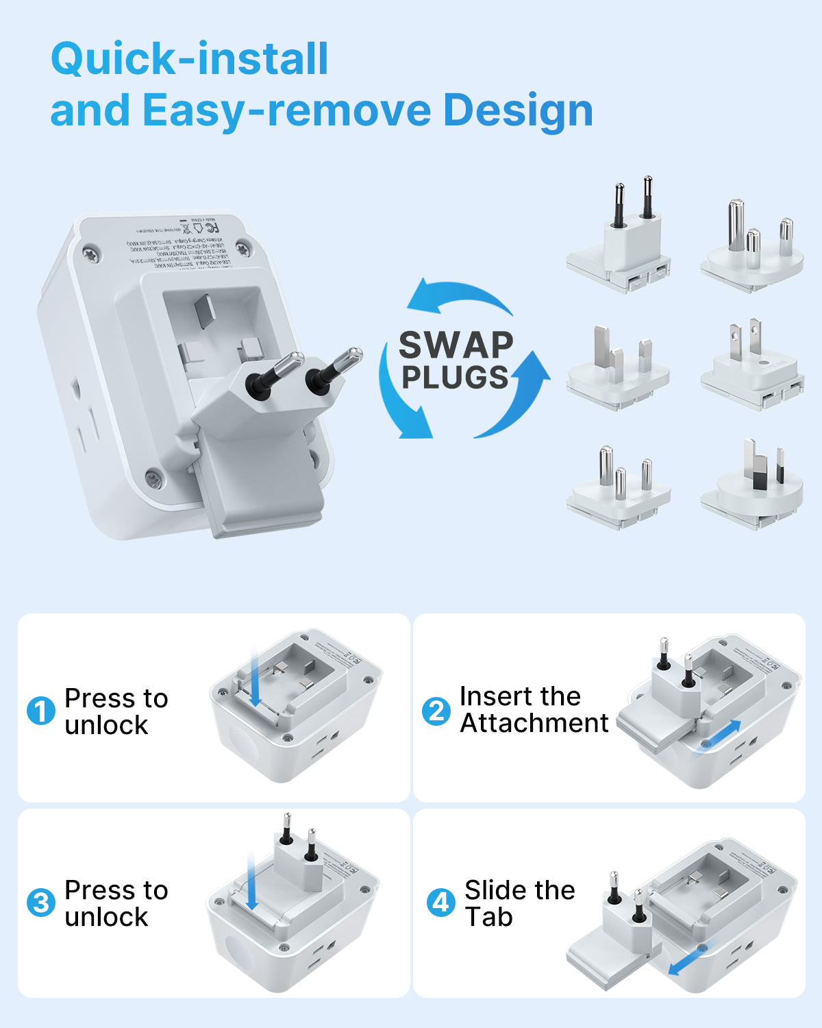 Universal Travel Adapter Kit, VINTAR International Power Adapter for Apple Watch Charger with 3 AC Outlets 4 USB Ports (2 USB C), Type A/C/D/G/I/M Detachable Plugs, US to Europe/UK/India/Africa