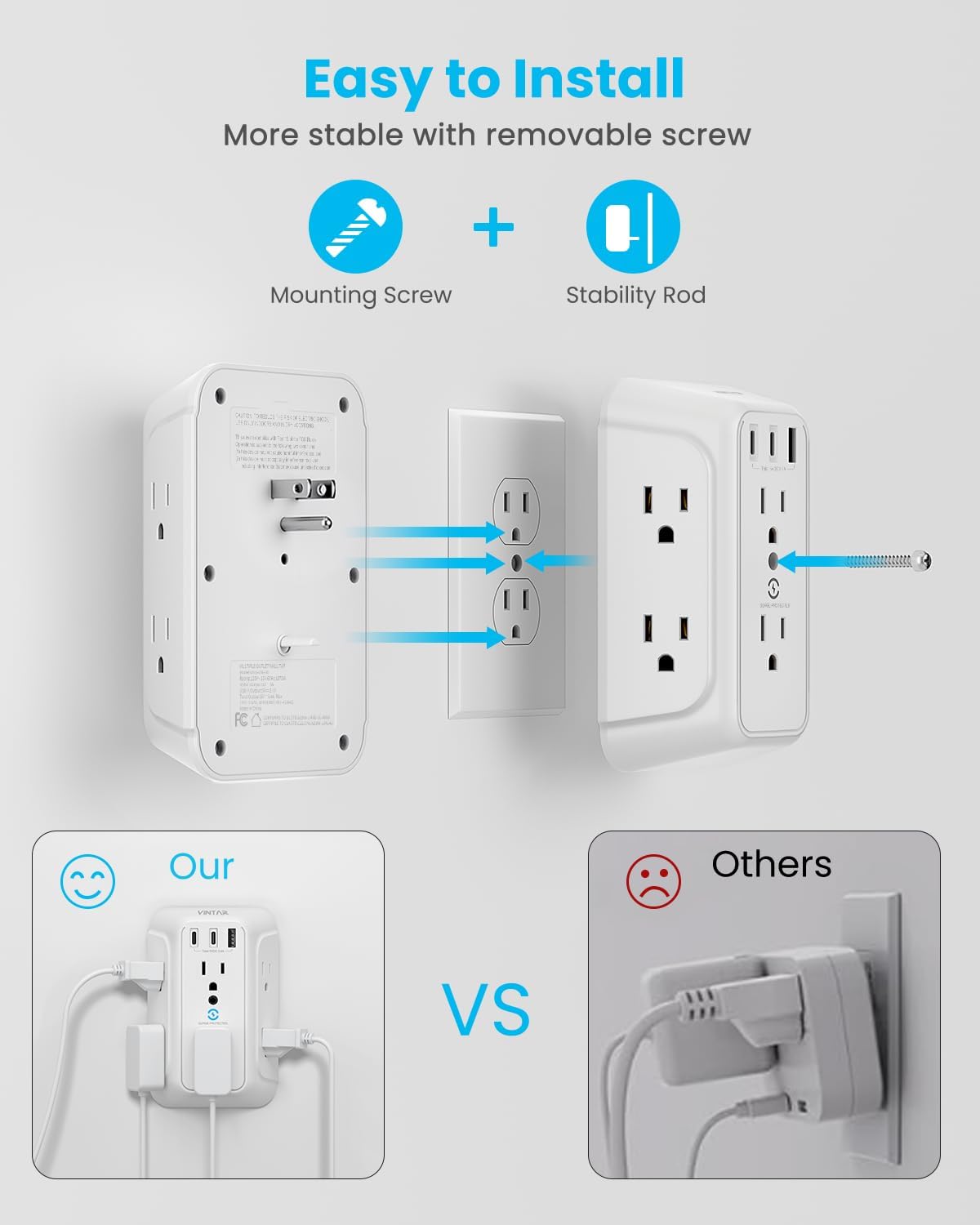 Surge Protector Outlet Extender, VINTAR 6 Outlet Splitter with 3 USB Charging Ports (2 USB C Ports), 900J Multi Plug Outlet Power Strip, 3-Sided USB Wall Charger for Home Office Dorm Room Essentials