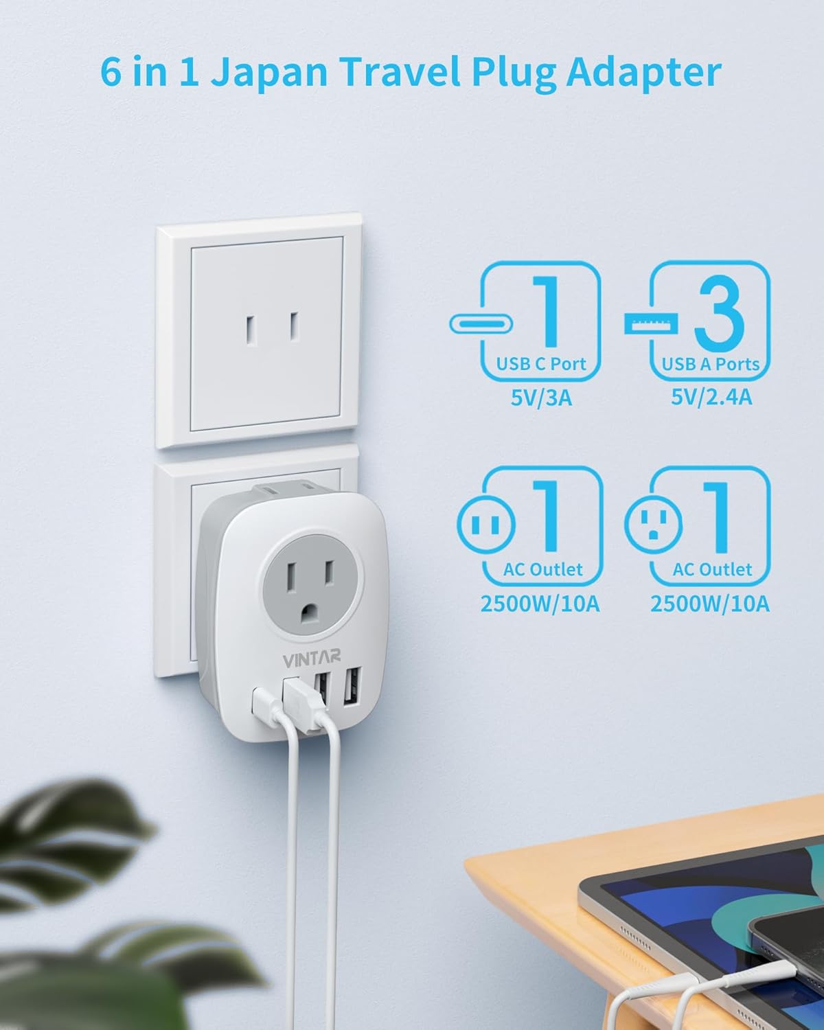 US to Japan Plug Adapter, VINTAR Japan Travel Power Adapter with 2 AC Outlets, 3 USB and 1 USB C Ports, 2 Prong to 3 Prong Outlet Adapter for US to Japanese China Canada Philippines, Type A, 2 Pack