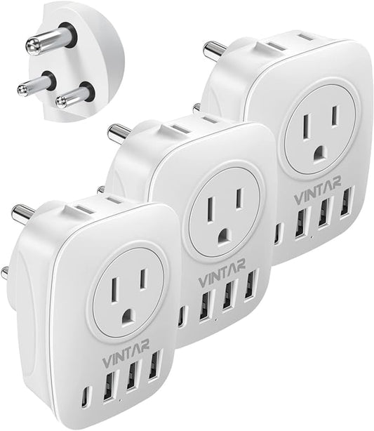 [3-Pack] US to India Plug Adapter,VINTAR Type D Travel Adapter with 1 USB C,3 USB Ports and 2 American Outlets,6 in 1 India Power Adapter for USA to India, Bangladesh, Pakistan, Maldives