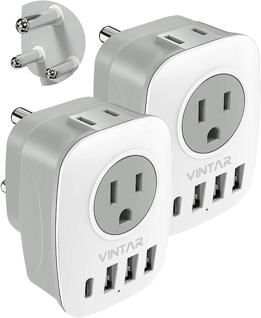 [2-Pack] South Africa Power Adapter,VINTAR Type M Plug Adapter with 1 USB C,3 USB Ports and 2 American Outlets,6 in 1 South Africa Travel Plug Adapter for US to South Africa, Botswana, Namibia, Nepal