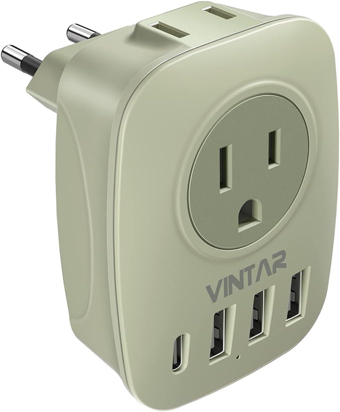 European Travel Plug Adapter,VINTAR International Power Plug Adapter with 1 USB C, 3 USB A Ports and 2 US Outlets,6 in 1 Type C Charger Travel Essentials to Most of Europe Greece, Italy(Green)