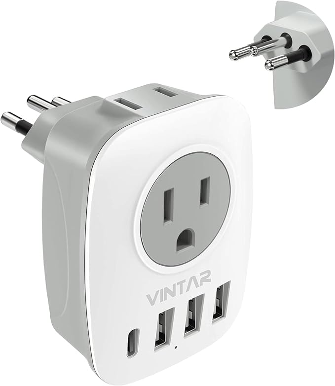 Brazil Adapter Plug,VINTAR Type N Plug Adapter with 1 USB C,3 USB Ports and 2 American Outlets,6 in 1 Brazil Power Adapter for US to Brazil