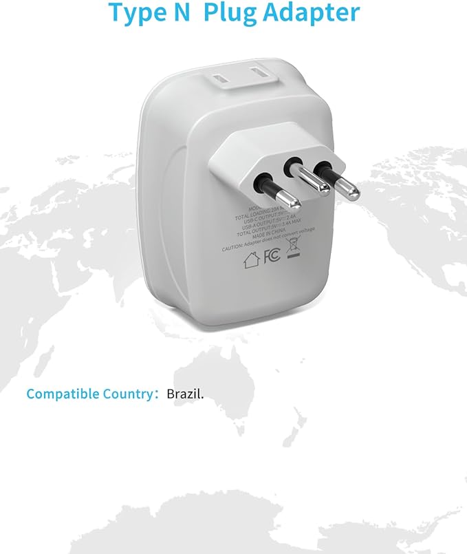 Brazil Adapter Plug,VINTAR Type N Plug Adapter with 1 USB C,3 USB Ports and 2 American Outlets,6 in 1 Brazil Power Adapter for US to Brazil