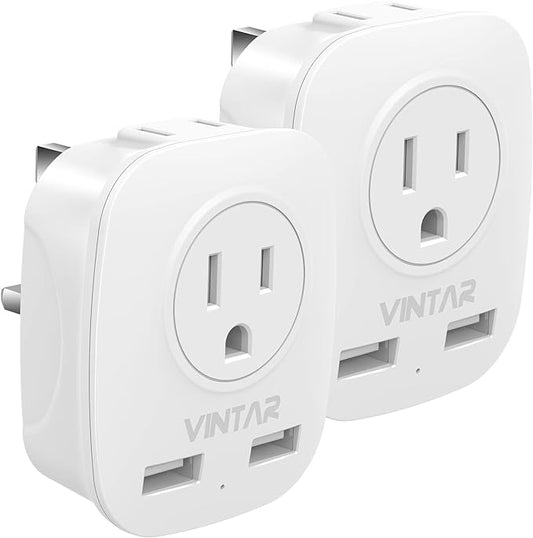 [2-Pack] US to UK Plug Adapter, Ireland Hong Kong Type G Travel Adapter,VINTAR International Power Adapter with 2 USB,4 in 1 Outlet Adaptor for USA to British England Scotland Irish London Dubai