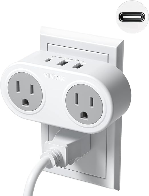 Multi Plug Outlet Extender with USB C, VINTAR Outlet Splitter with 2 Electrical Plugs and 3 USB Wall Charger (1 USB C), Wall Plug Expander for Cruise Ship, Home, Office, Dorm Room Essentials