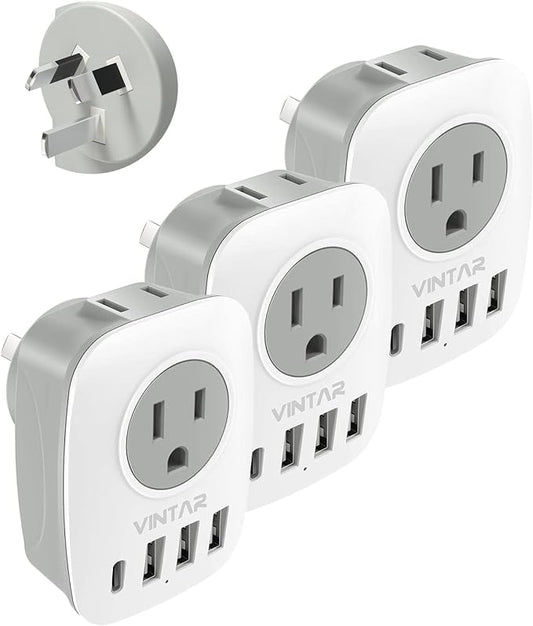 [3-Pack] Australia New Zealand Power Plug Adapter, VINTAR Australia Travel Adapter with 1 USB C,3 USB Ports and 2 American Outlets, 6 in 1 Type I Plug Adapter for US to Australia, Argentina, China