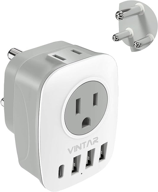 South Africa Power Adapter,VINTAR Type M Plug Adapter with 1 USB C,3 USB Ports and 2 American Outlets,6 in 1 South Africa Travel Plug Adapter for US to South Africa, Botswana, Namibia, Nepal