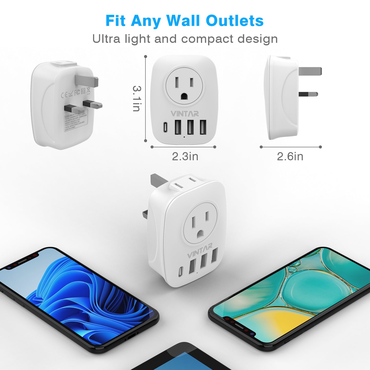 [2-Pack] US to UK Ireland Travel Plug Adapter, VINTAR Type G Plug Adapter with 2 Outlets, 3 USB Ports and 1 USB-C, International Power Adaptor for US to British England Irish Scotland London Hong Kong