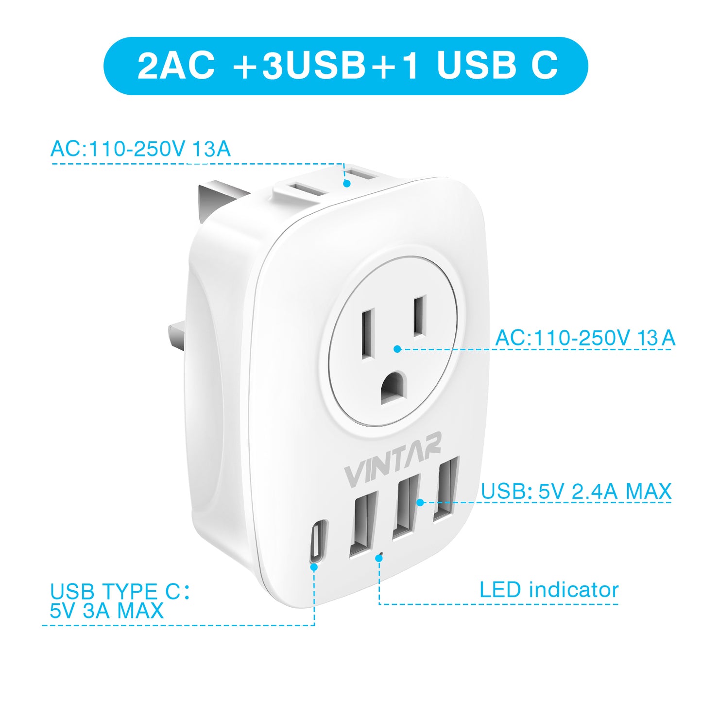 [2-Pack] US to UK Ireland Travel Plug Adapter, VINTAR Type G Plug Adapter with 2 Outlets, 3 USB Ports and 1 USB-C, International Power Adaptor for US to British England Irish Scotland London Hong Kong