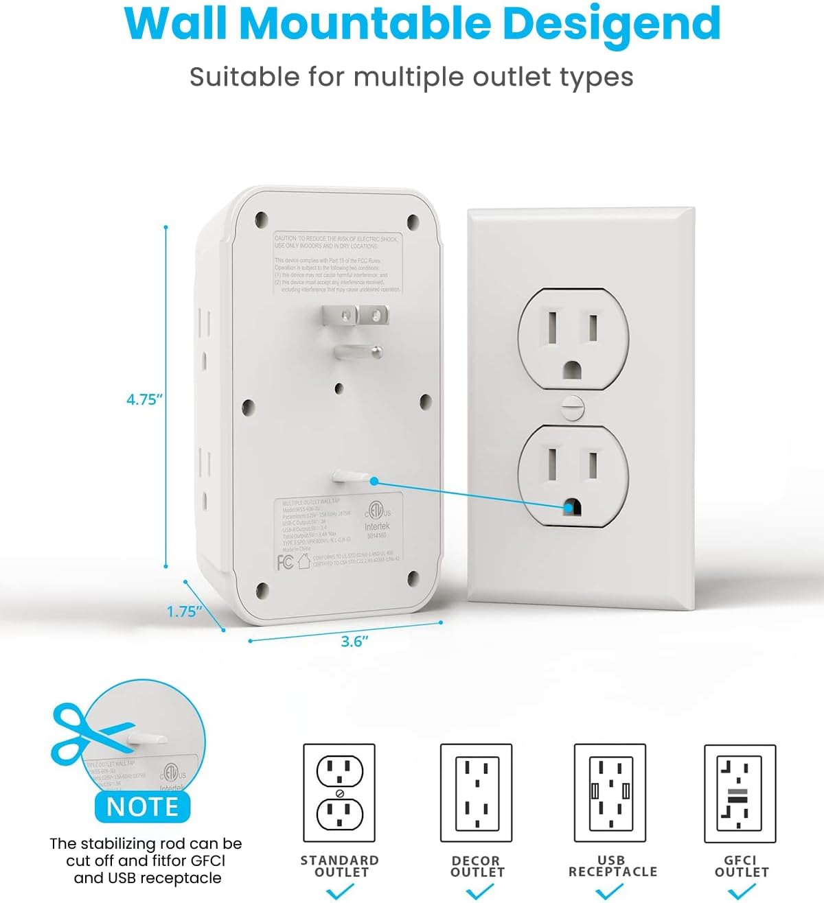 Surge Protector Outlet Extender, VINTAR 6 Outlet Splitter with 3 USB Charging Ports (2 USB C Ports), 900J Multi Plug Outlet Power Strip, 3-Sided USB Wall Charger for Home Office Dorm Room Essentials