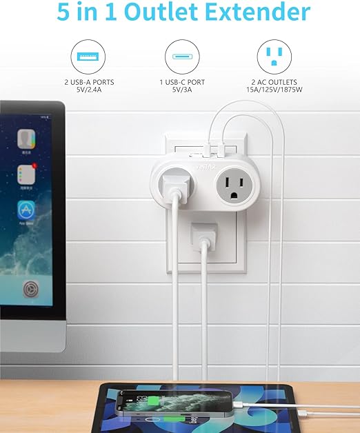 VINTAR 3-Outlet Wall Tap Adapter (3-Pack) - Non-Blocking, Surge-Free, Perfect For Travel & Cruise Ships