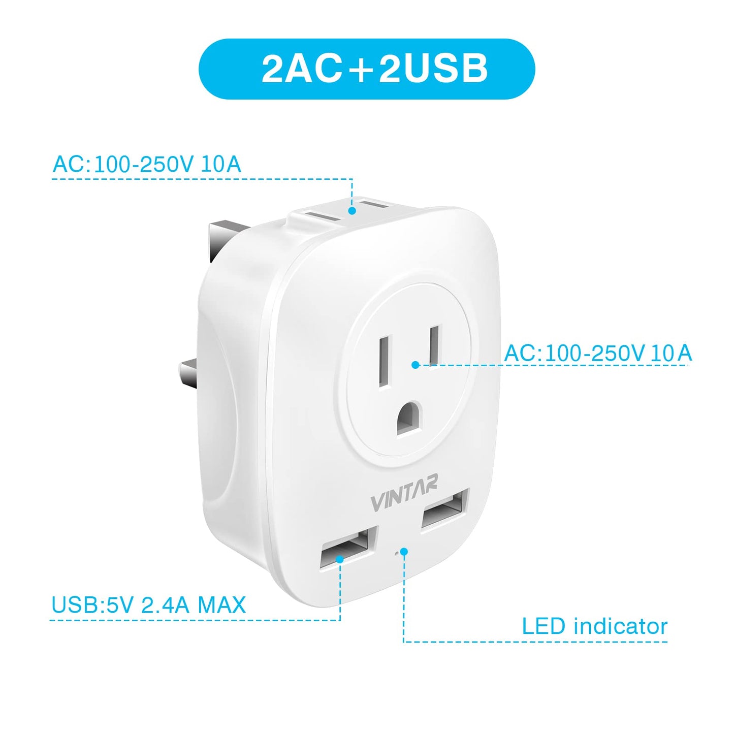 [3-Pack] UK Ireland Travel Plug Adapter, VINTAR International Power Adaptor with 2 USB, 4 in 1 Type G Outlet Adapter for USA to British England Irish Scotland London Hong Kong