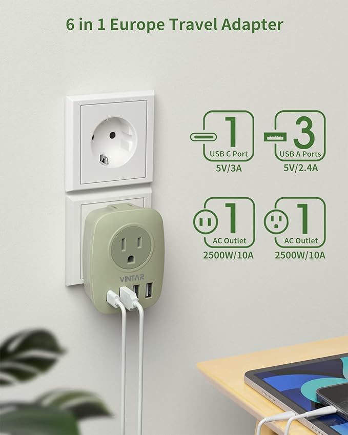 European Travel Plug Adapter,VINTAR International Power Plug Adapter with 1 USB C, 3 USB A Ports and 2 US Outlets,6 in 1 Type C Charger Travel Essentials to Most of Europe Greece, Italy(Green)