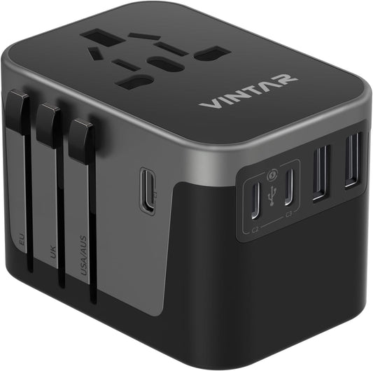 Universal Travel Adapter, VINTAR International Plug Adapter with 6A 3 USB C and 2 USB Ports, Travel Essentials Power Adapter, Worldwide All-in-One Outlet Converter for Europe UK USA AUS(Type C/G/A/I)
