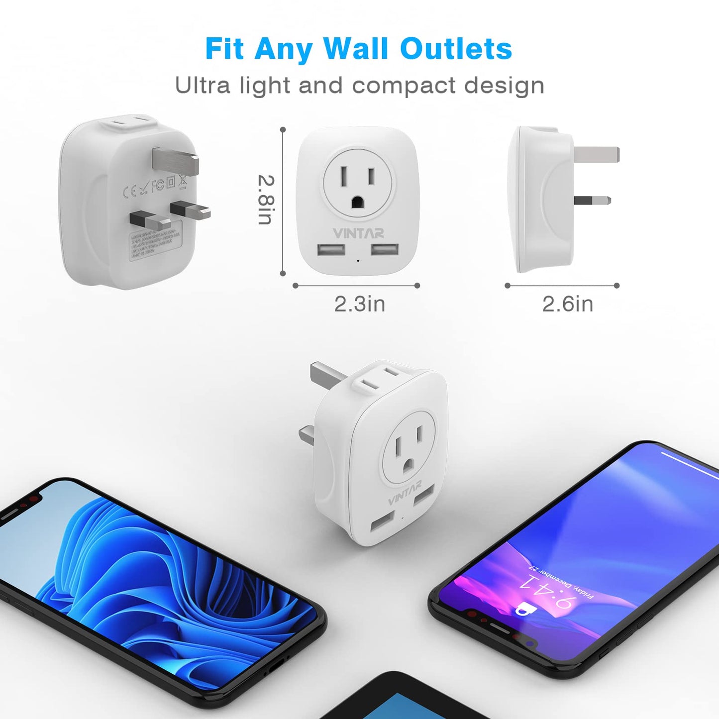 [3-Pack] UK Ireland Travel Plug Adapter, VINTAR International Power Adaptor with 2 USB, 4 in 1 Type G Outlet Adapter for USA to British England Irish Scotland London Hong Kong