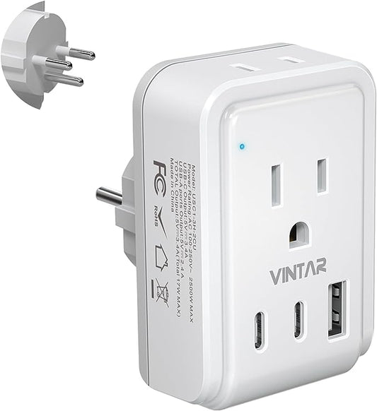 Israel Power Adapter, VINTAR Israel Plug Adapter with 2 American Outlets 3 USB Ports(2 USB C), 5 in 1 Type H Adapter Israel for US to Israel, Palestine, Jerusalem, Holy Land, Gaza Strip