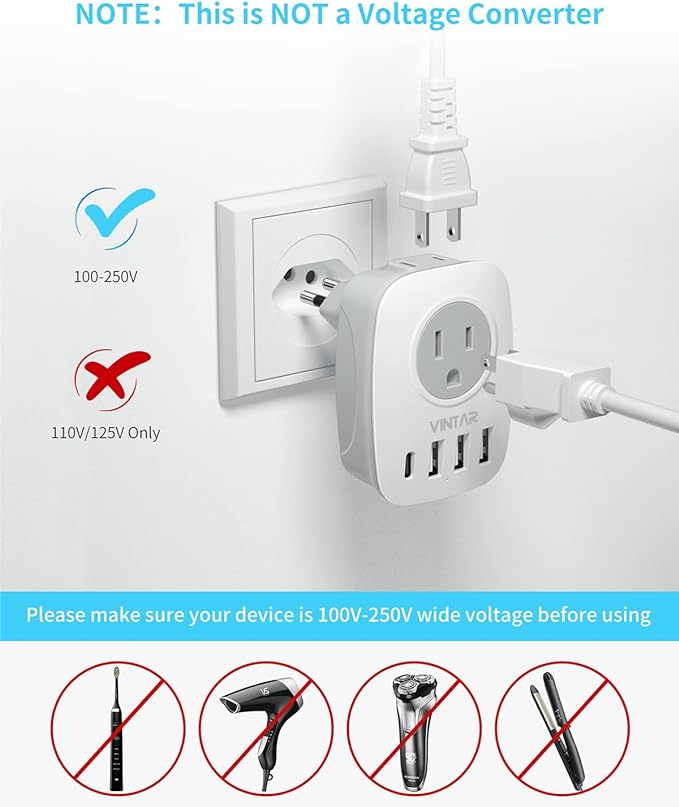 Brazil Adapter Plug,VINTAR Type N Plug Adapter with 1 USB C,3 USB Ports and 2 American Outlets,6 in 1 Brazil Power Adapter for US to Brazil