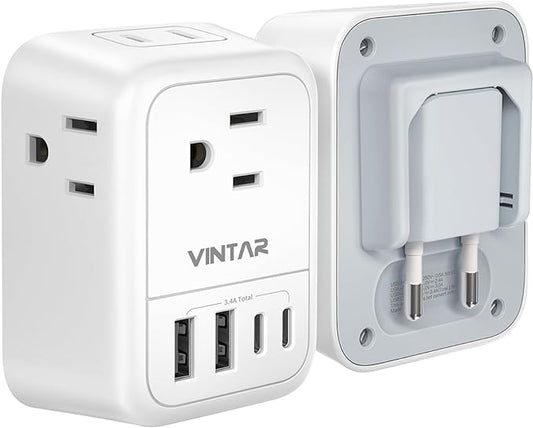 European Travel Plug Adapter, VINTAR Foldable International Travel Adapter with 4 Outlets 4 USB Ports(2 USB C), 8 in 1 Type C Travel Essentials Charger for US to Most of Europe EU Italy Spain France