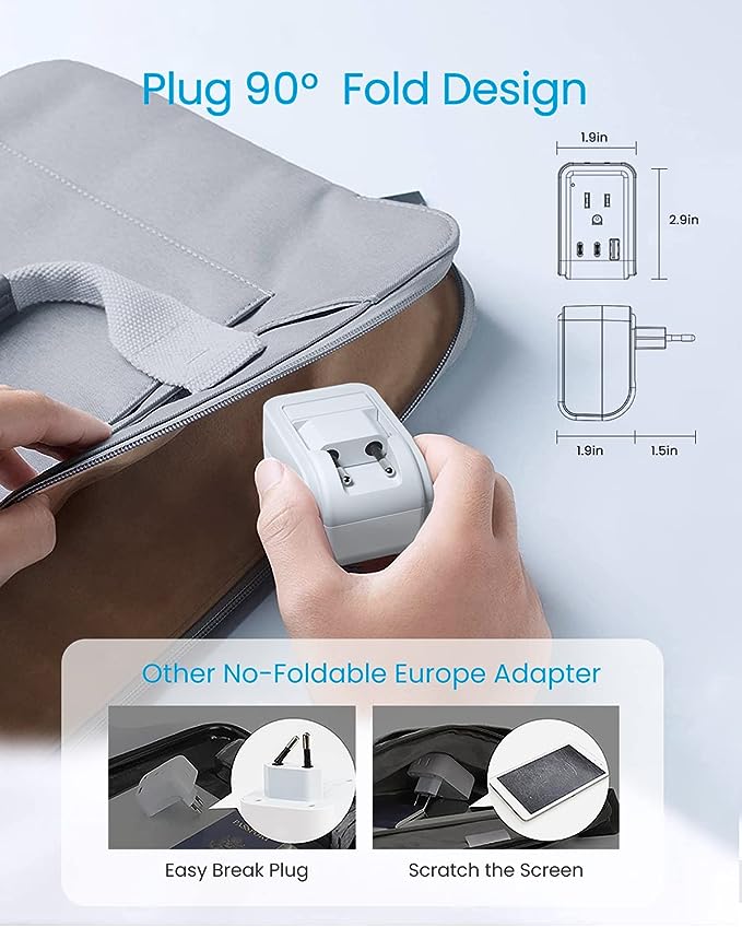 [3-Pack] European Travel Plug Adapter, VINTAR Foldable International Plug Adapter with 2 AC Outlets and 3 USB Ports(2 USB C),Type C Plug Travel Essentials to Most Europe EU France Germany Spain Italy