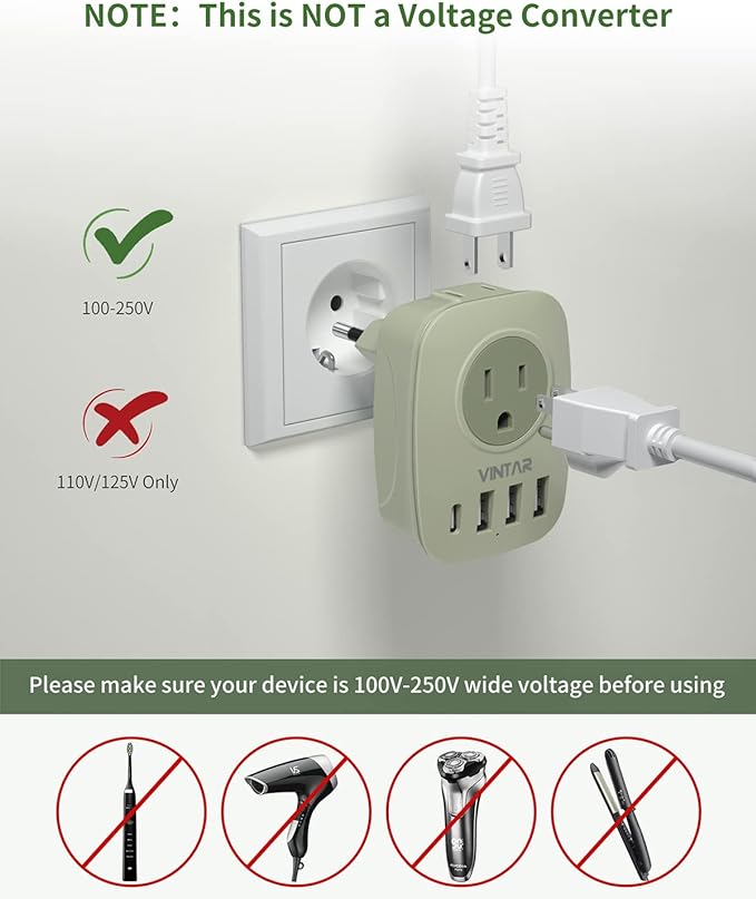 European Travel Plug Adapter,VINTAR International Power Plug Adapter with 1 USB C, 3 USB A Ports and 2 US Outlets,6 in 1 Type C Charger Travel Essentials to Most of Europe Greece, Italy(Green)