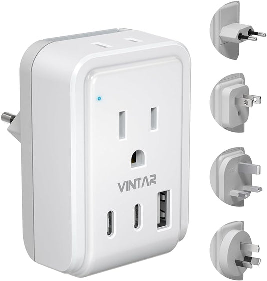 Universal Travel Adapter Kit, VINTAR International Plug Adapter with 3 USB Ports(2 USB C, 3.4A) & 2 American Outlets, Type A,C,G,I Swap&Adapt Attachments, Adapter for US/Japan/Europe/UK/AUS