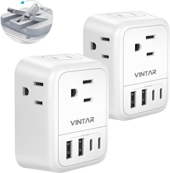 [2-Pack] UK Travel Plug Adapter, VINTAR Foldable Ireland Travel Plug Adapter with 4 Outlets and 4 USB Ports(2 USB C), 8 in 1 Type G Power Adapter for US to Dubai Hong Kong British London England Irish