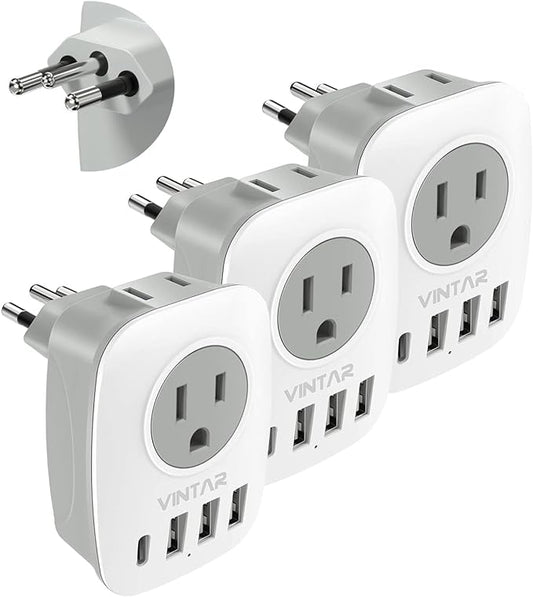 [3-Pack] Brazil Adapter Plug,VINTAR Type N Plug with 1 USB C,3 Ports and 2 American Outlets,6 in Power for US to white and gray