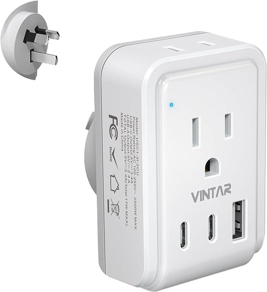 Australia New Zealand Power Adapter, VINTAR Australia Plug Adapter with 2 American Outlets 3 USB Ports(2 USB C), 5 in 1 Type I Travel Adapter for US to Australia, AU, Argentina, China, Fiji