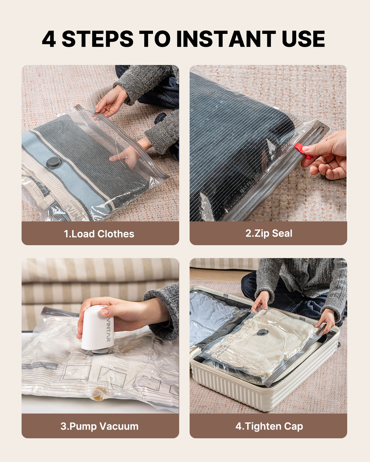 Vacuum Seal Bags for Clothing Travel with Rechargeable Cordless Pump, VINTAR 20 Pack Space Saver Vacuum Storage Bags(5J+5L+5M+5S), Compression Packing Bags for Luggage and Suitcase