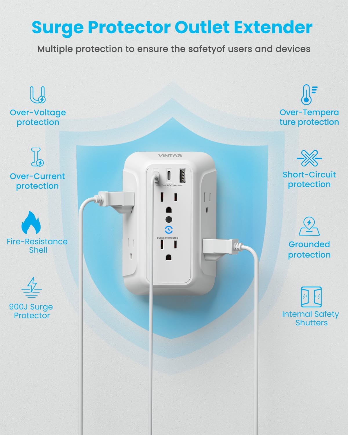 Surge Protector Outlet Extender, VINTAR 6 Outlet Splitter with 3 USB Charging Ports (2 USB C Ports), 900J Multi Plug Outlet Power Strip, 3-Sided USB Wall Charger for Home Office Dorm Room Essentials