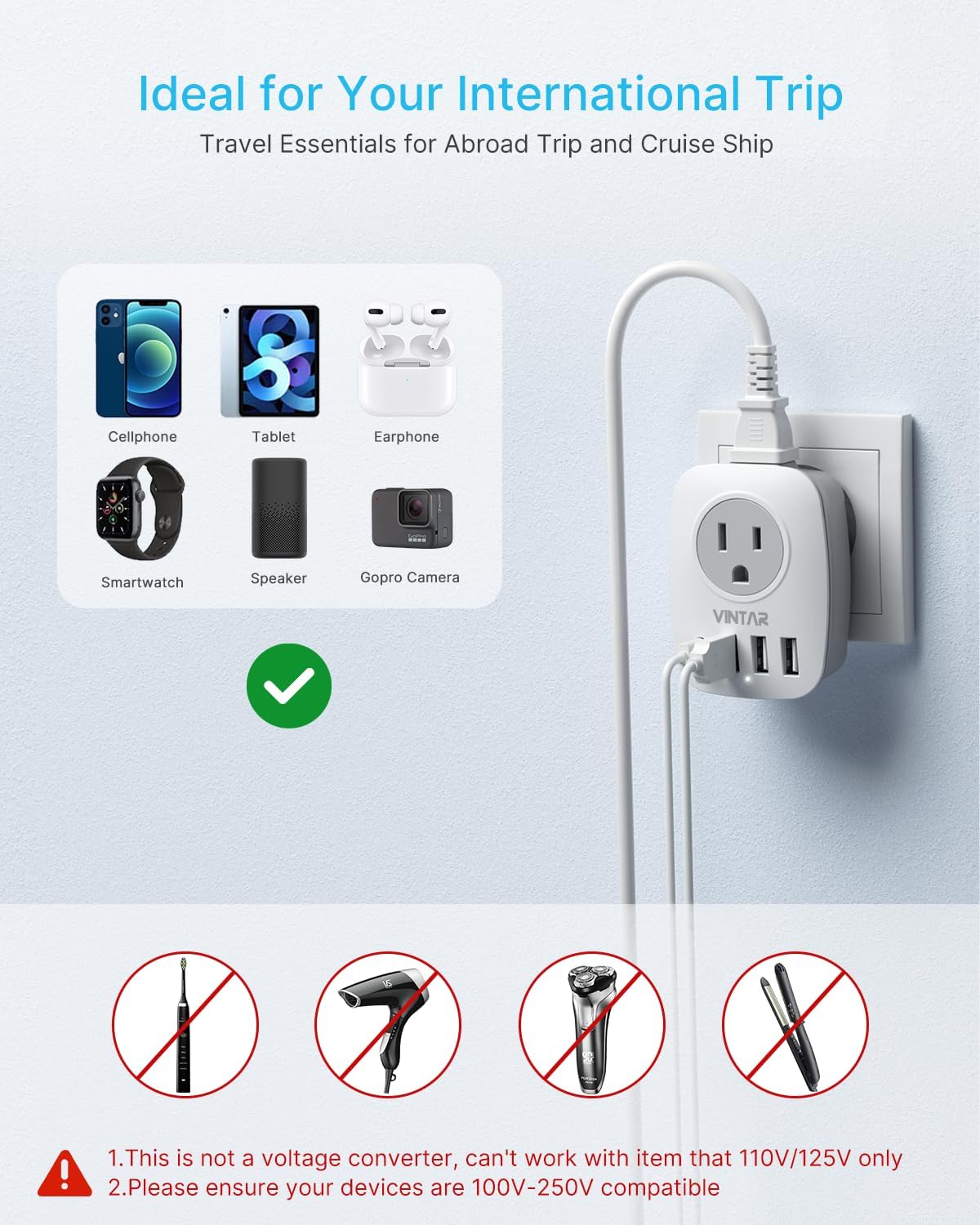 US to Japan Plug Adapter, VINTAR Japan Travel Power Adapter with 2 AC Outlets, 3 USB and 1 USB C Ports, 2 Prong to 3 Prong Outlet Adapter for US to Japanese China Canada Philippines, Type A, 2 Pack
