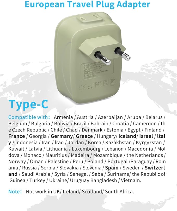 European Travel Plug Adapter,VINTAR International Power Plug Adapter with 1 USB C, 3 USB A Ports and 2 US Outlets,6 in 1 Type C Charger Travel Essentials to Most of Europe Greece, Italy(Green)