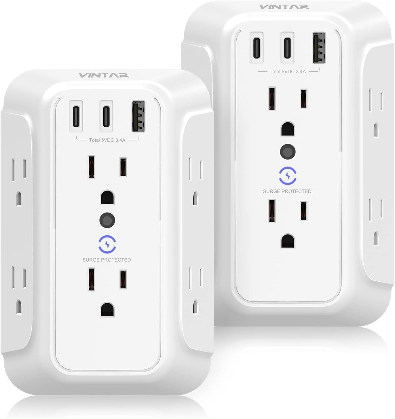 Surge Protector Outlet Extender, VINTAR 6 Outlet Splitter with 3 USB Charging Ports (2 USB C Ports), 900J Multi Plug Outlet Power Strip, 3-Sided USB Wall Charger for Home Office Dorm Room Essentials