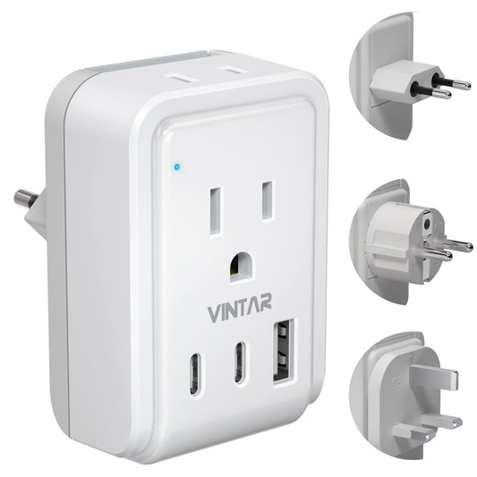 European Travel Plug Adapter Kit, VINTAR International Plug Adapter with 3 USB Ports (2 USB C,3.4A) & 2 American Outlets, Type C,G,E/F Swap&Adapt Attachments, Adapter for US to UK Europe France Italy