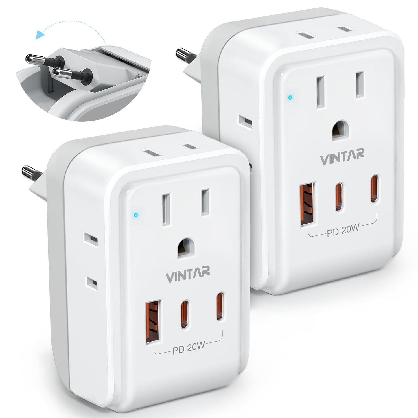 2 Pack European Travel Plug Adapter, VINTAR PD 20W Foldable Type C Adapter with 4 AC Outlets 3 USB Ports(2 USB C), Travel Essentials Charger for US to Most of Europe EU Italy Spain France