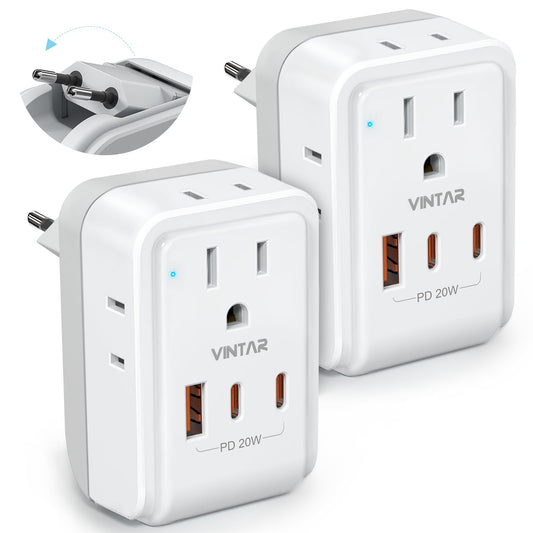 2 Pack European Travel Plug Adapter, VINTAR PD 20W Foldable Type C Adapter with 4 AC Outlets 3 USB Ports(2 USB C), Travel Essentials Charger for US to Most of Europe EU Italy Spain France