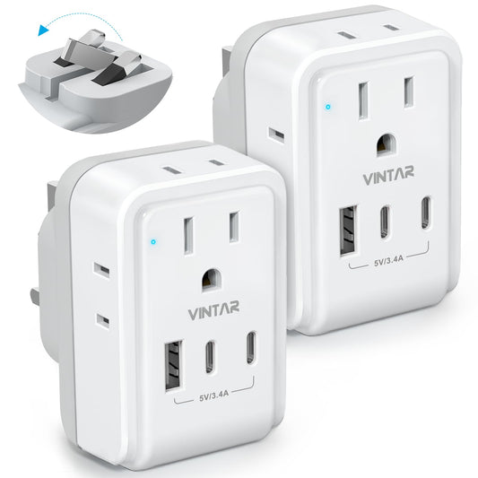 2 Pack US to UK Plug Adapter, VINTAR Foldable UK Adapters for Travel, Type G Adapter for Travel with 4 Outlets and 3 USB(2 USB C Ports) for USA to Ireland England Scotland London Dubai Singapore