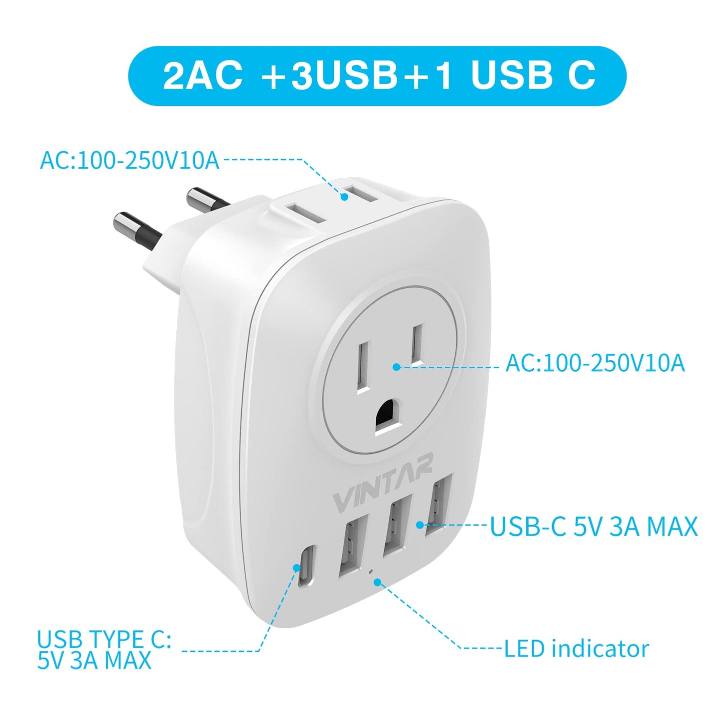 [2-Pack] European Travel Plug Adapter, VINTAR International Power Plug Adapter with 2 Outlets, 3 USB and 1 USB-C, 6 in 1 Travel Essentials for US to Most of Europe EU Italy France Spain Greece, Type C