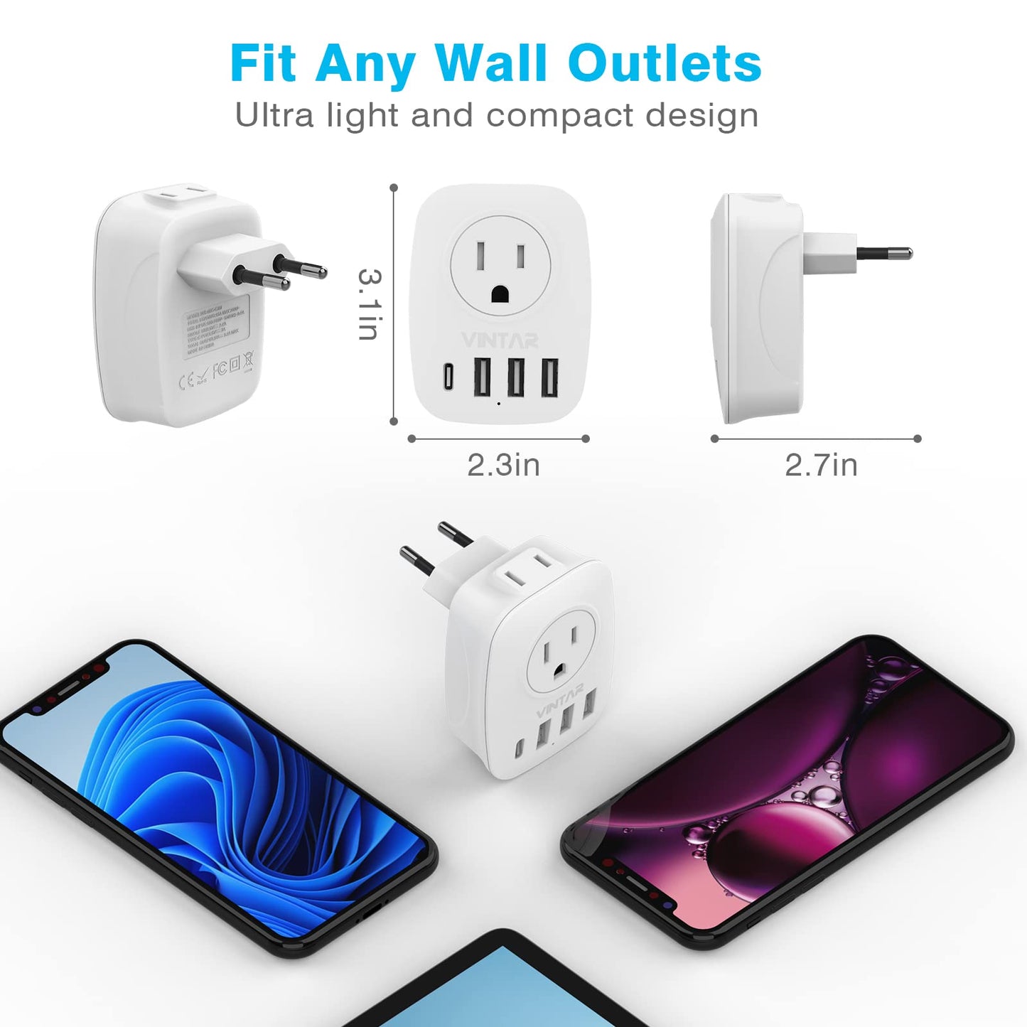 [2-Pack] European Travel Plug Adapter, VINTAR International Power Plug Adapter with 2 Outlets, 3 USB and 1 USB-C, 6 in 1 Travel Essentials for US to Most of Europe EU Italy France Spain Greece, Type C