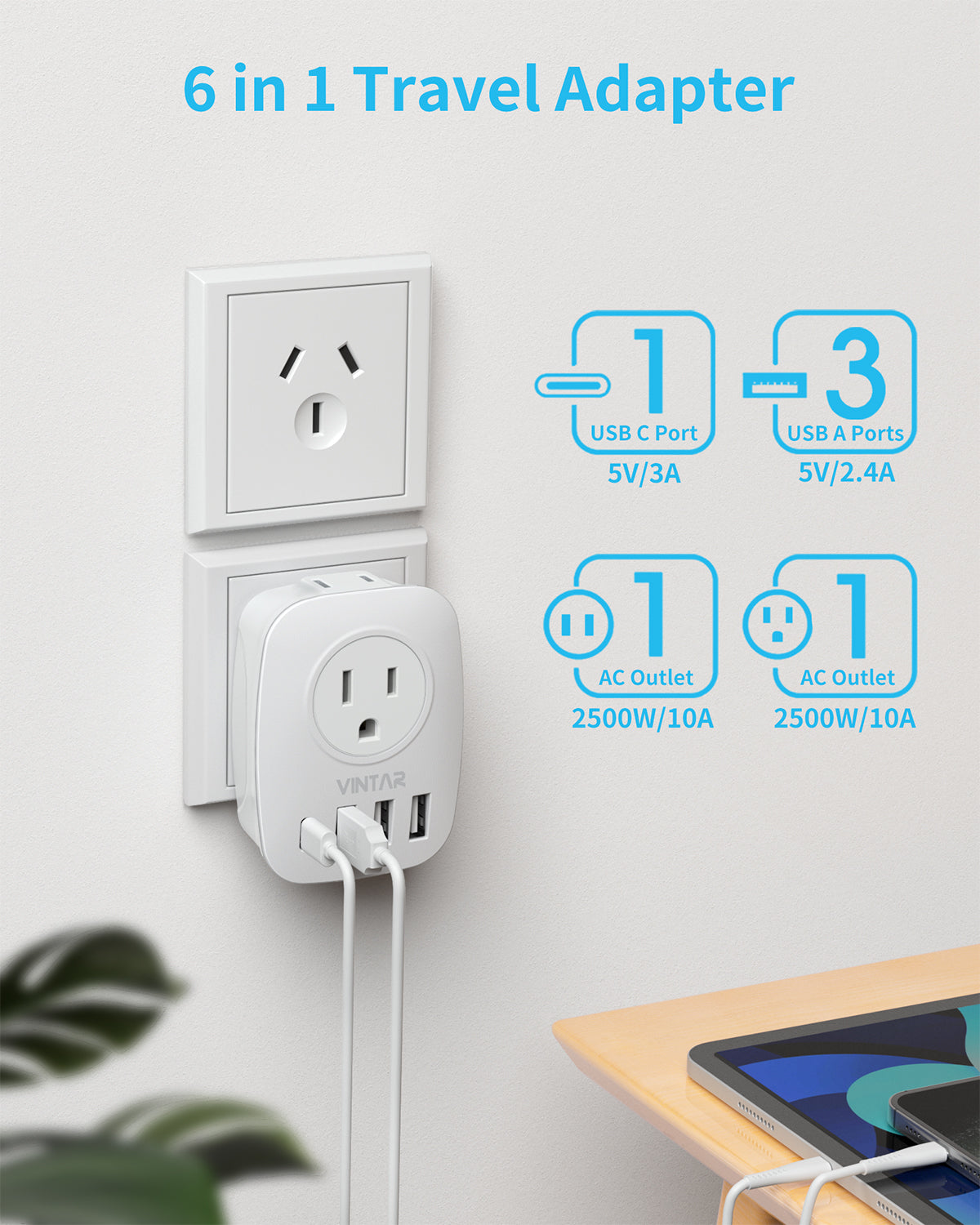 [2-Pack] Australia New Zealand Power Plug Adapter, VINTAR Australia Travel Adapter with 1 USB C,3 USB Ports and 2 American Outlets, 6 in 1 Type I Plug Adapter for US to Australia, China, Argentina