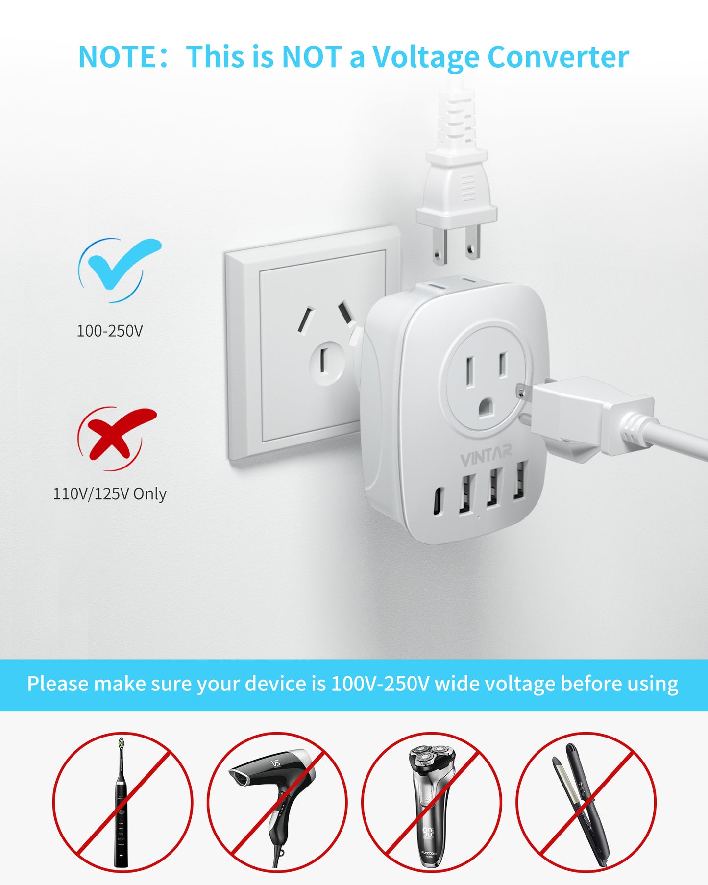 [2-Pack] Australia New Zealand Power Plug Adapter, VINTAR Australia Travel Adapter with 1 USB C,3 USB Ports and 2 American Outlets, 6 in 1 Type I Plug Adapter for US to Australia, China, Argentina