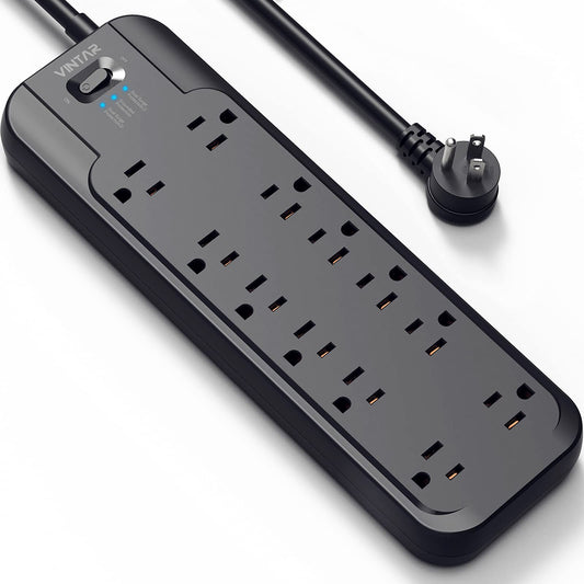 VINTAR Power Strip Surge Protector (2 × 4800 Joules) with 12 AC Outlets,1875W Output,6ft Long Extension Cord Flat Plug with Dual Surge Protection for Office,Home,ETL Listed,Black