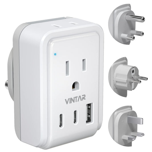 South Africa Power Adapter Kit, VINTAR International Plug Adapter with 3 USB Ports (2 USB C, 3.4A) & 2 American Outlets, Type M,G,E/F Swap&Adapt Attachments, Adapter for US to Africa Botswana Morocco