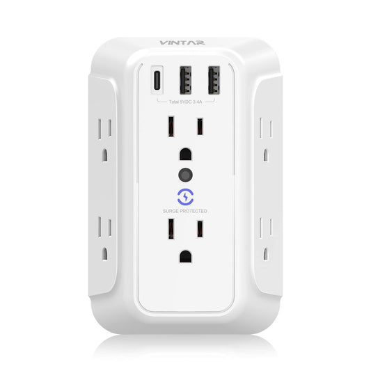 USB Wall Charger, Surge Protector, 6 Outlet Extender with 3 USB Charging Ports (1 USB C, 3.4A) 900J Power Strip Multi Plug Outlets, Wall Mount Power Strip for Home Travel Office ETL Listed