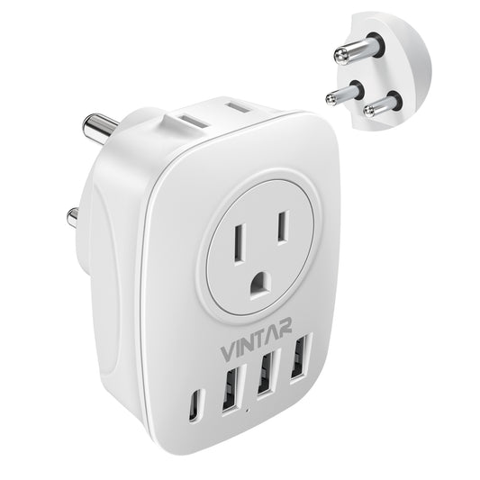 US to India Plug Adapter,VINTAR Type D Travel Adapter with 1 USB C,3 USB Ports and 2 American Outlets,6 in 1 India Power Adapter for USA to India, Bangladesh, Pakistan, Maldives