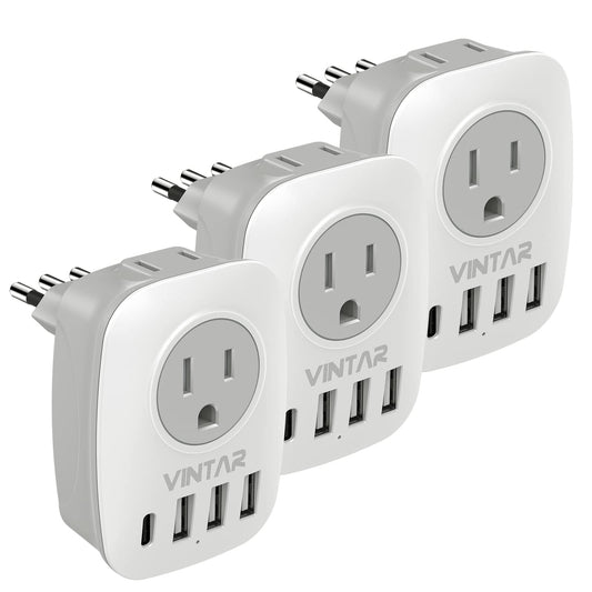 [3-Pack] Italy Travel Plug Adapter, VINTAR US to Italy Power Adapter with 1 USB-C 3 USB-A Ports and 2 American Outlets, 6 in 1 Outlet Adapter, Type L Plug Adapter for USA to Italy Uruguay Chile