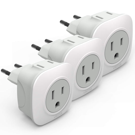 [3-Pack] European Travel Plug Adapter, VINTAR International Power Plug Adapter with 2 American Outlets- 2 in 1 Travel Essentials to France, Germany, Greece, Italy, Israel, Spain (Type C)