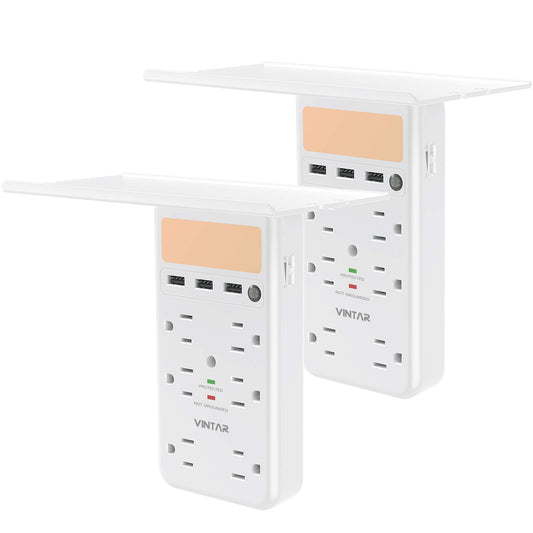 [2-Pack] VINTAR Surge Protector with Outlet Shelf, Multi Outlet Extender with Dusk to Dawn Sensor, 6 Outlets and 3 USB Ports,Wall Mount with Top Phone Holder for Home, White,ETL Certified.